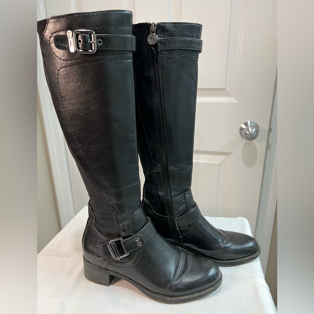 Etiene Aigner captain black leather and man made buckle knee high boots 6 1/2M